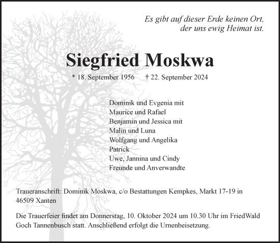 Traueranzeige von Siegfried Moskwa von NNA