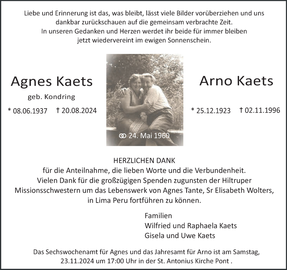  Traueranzeige für Agnes und Arno Kaets vom 16.11.2024 aus NNA