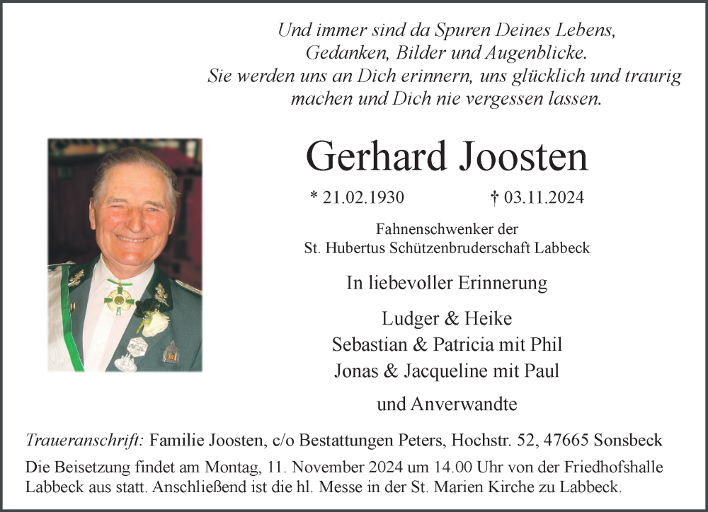  Traueranzeige für Gerhard Joosten vom 09.11.2024 aus NNA