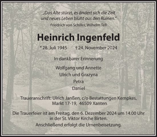 Traueranzeige von Heinrich Ingenfeld von NNA
