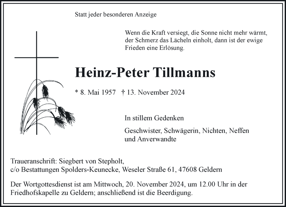  Traueranzeige für Heinz-Peter Tillmanns vom 16.11.2024 aus NNA
