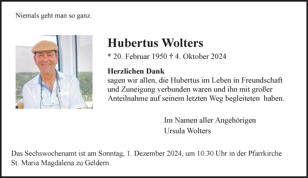 Traueranzeige für Hubertus Wolters vom 23.11.2024 aus NNA
