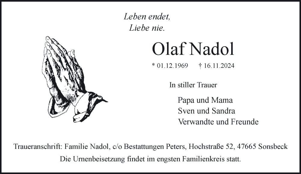  Traueranzeige für Olaf Nadol vom 23.11.2024 aus NNA