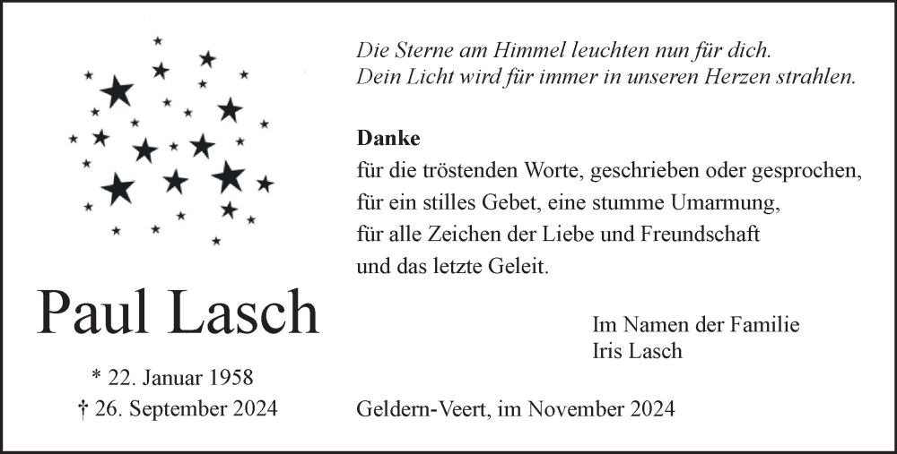  Traueranzeige für Paul Lasch vom 09.11.2024 aus NNA