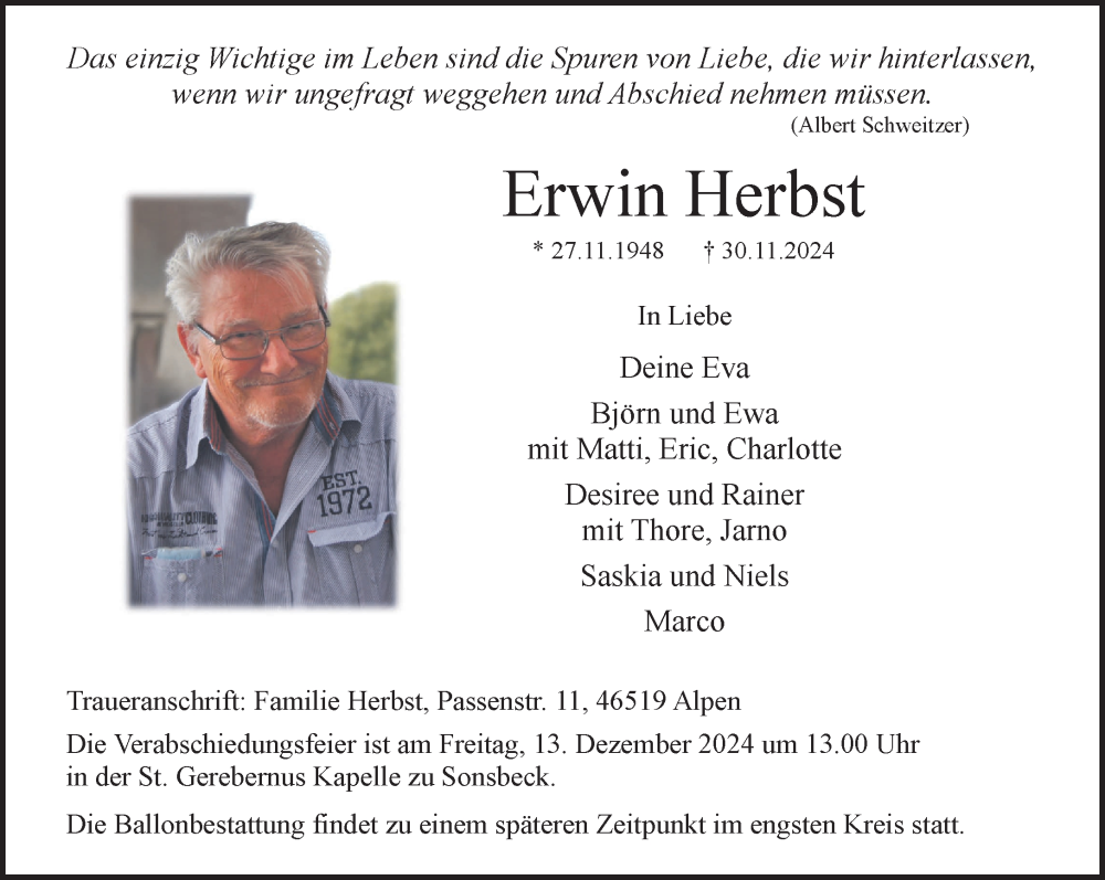  Traueranzeige für Erwin Herbst vom 07.12.2024 aus NNA
