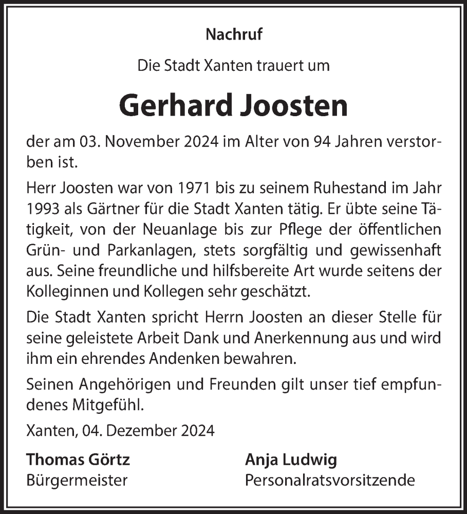  Traueranzeige für Gerhard Joosten vom 07.12.2024 aus NNA