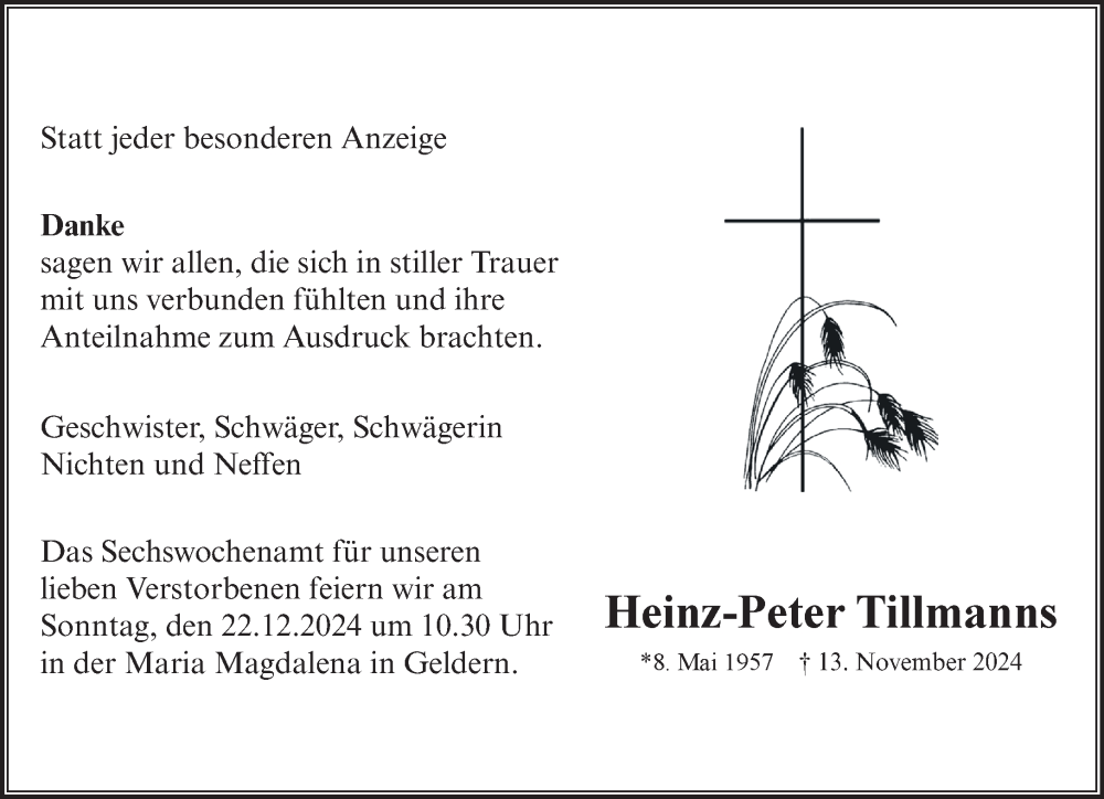  Traueranzeige für Heinz-Peter Tillmanns vom 14.12.2024 aus NNA