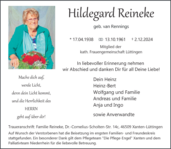 Traueranzeige von Hildegard Reineke von NNA