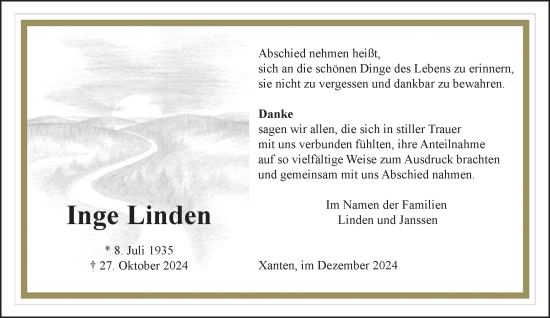 Traueranzeige von Inge Linden von NNA