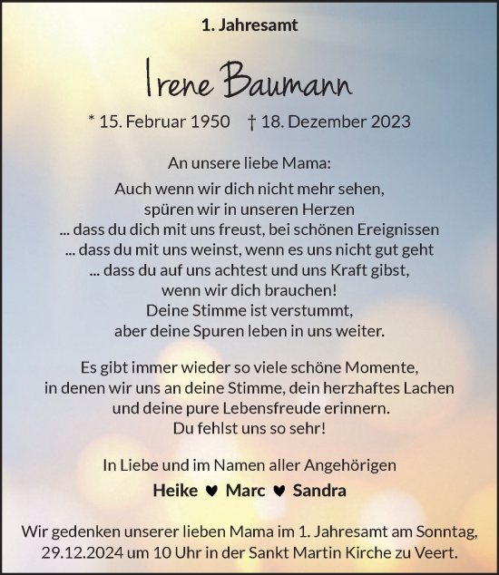 Traueranzeige von Irene Baumann von NNA