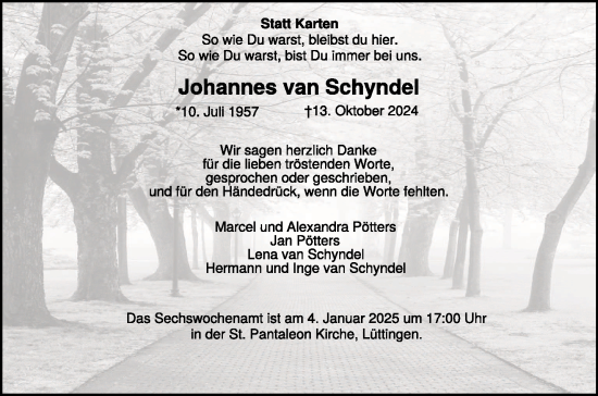 Traueranzeige von Johannes van Schyndel von NNA