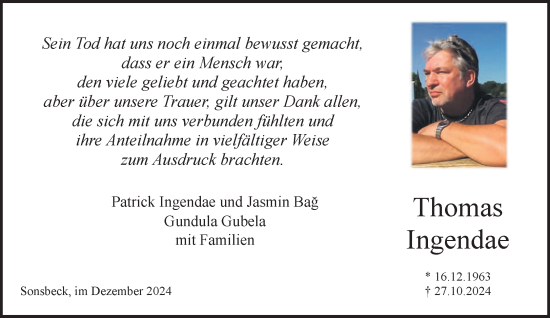Traueranzeige von Thomas Ingendae von NNA