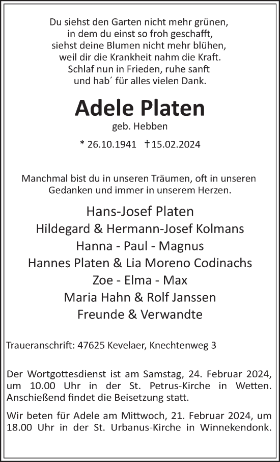 Traueranzeige von Adele Platen von NNA