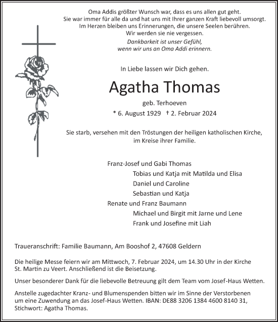 Traueranzeige von Agatha Thomas von NNA
