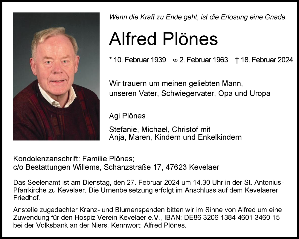  Traueranzeige für Alfred Plönes vom 24.02.2024 aus NNA