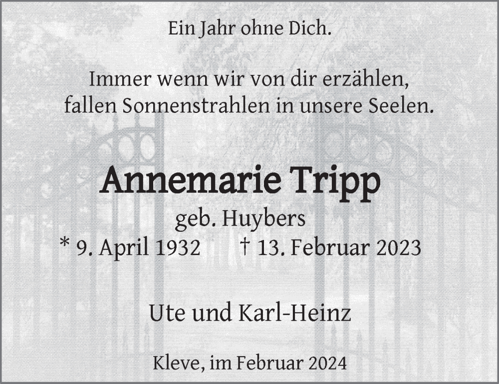  Traueranzeige für Annemarie Tripp vom 17.02.2024 aus NNA