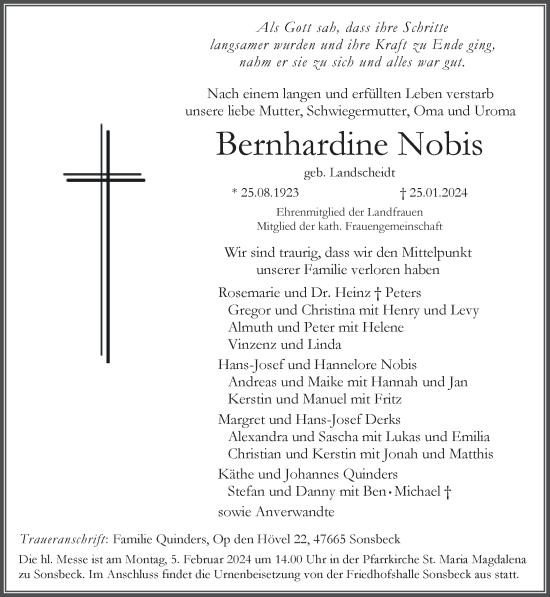 Traueranzeige von Bernhardine Nobis von NNA