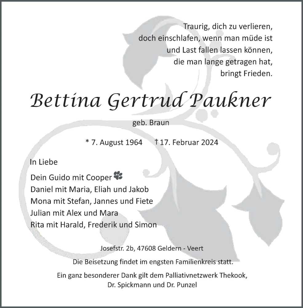  Traueranzeige für Bettina Gertrud Paukner vom 24.02.2024 aus NNA