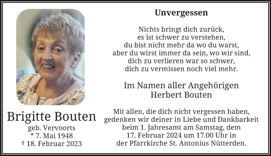 Traueranzeige von Brigitte Bouten von NNA