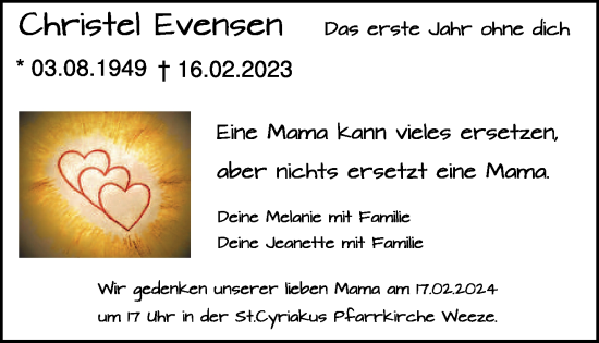 Traueranzeige von Christel Evensen von NNA