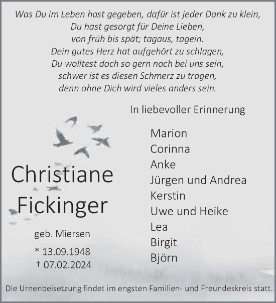 Traueranzeige von Christiane Fickinger von NNA