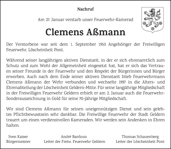 Traueranzeige von Clemens Aßmann von NNA