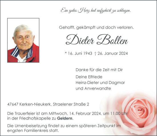 Traueranzeige von Dieter Bollen von NNA