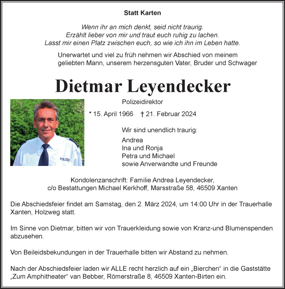  Traueranzeige für Dietmar Leyendecker vom 28.02.2024 aus NNA