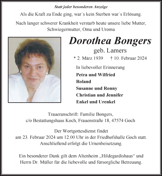 Traueranzeige von Dorothea Bongers von NNA