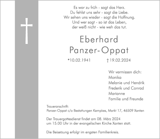 Traueranzeige von Eberhard Panzer-Oppat von NNA