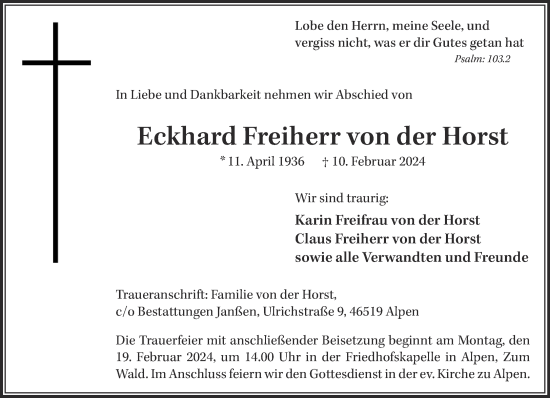Traueranzeige von Eckhard Freiherr von der Horst von NNA