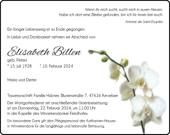 Traueranzeige von Elisabeth Billen von NNA