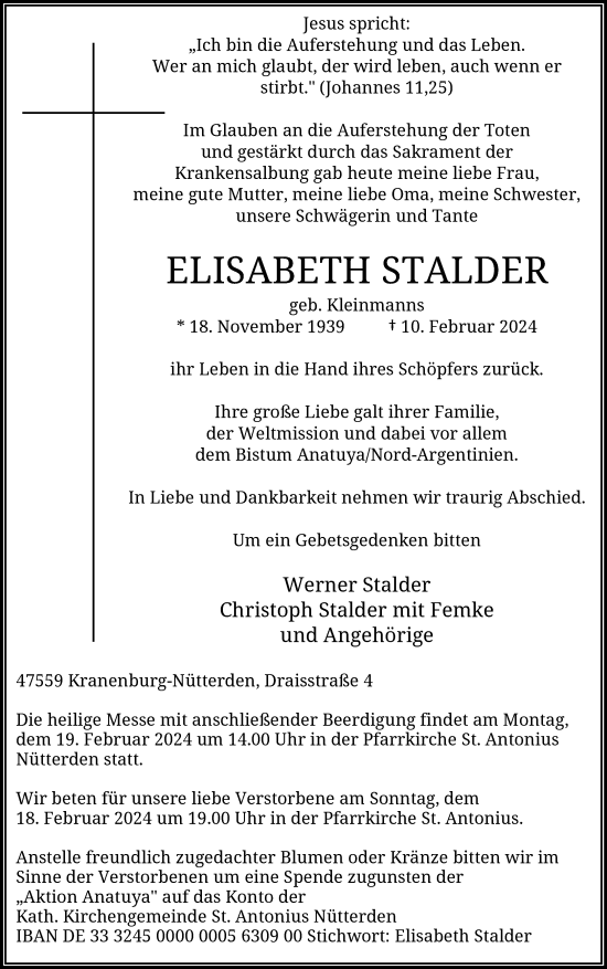 Traueranzeige von Elisabeth Stalder von NNA