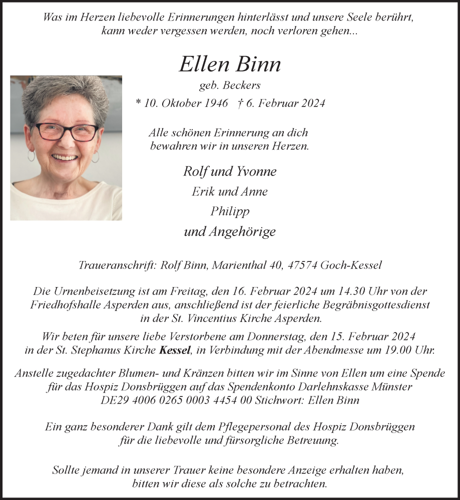  Traueranzeige für Ellen Binn vom 10.02.2024 aus NNA