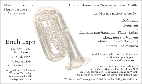 Traueranzeige von Erich Lapp von NNA