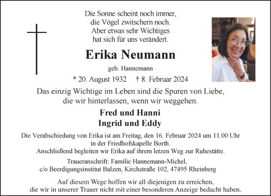 Traueranzeige von Erika Neumann von NNA
