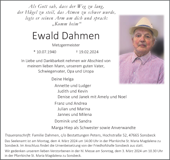 Traueranzeige von Ewald Dahmen von NNA