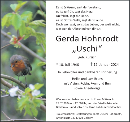 Traueranzeige von Gerda Hohnrodt von NNA