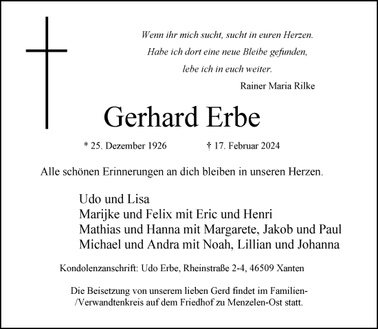 Traueranzeige von Gerhard Erbe von NNA