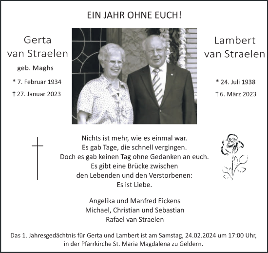 Traueranzeige von Gerta und Lambert van Straelen von NNA