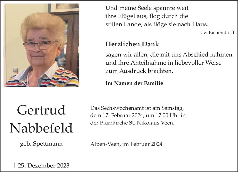  Traueranzeige für Gertrud Nabbefeld vom 10.02.2024 aus NNA