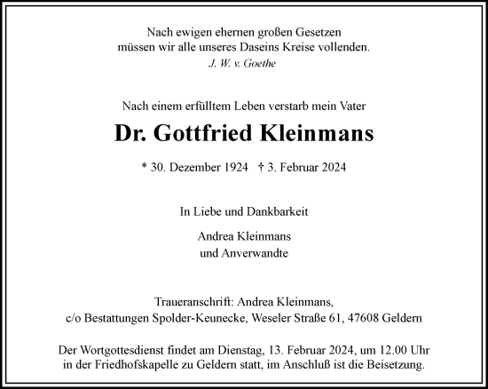 Traueranzeige von Gottfried Kleinmans von NNA