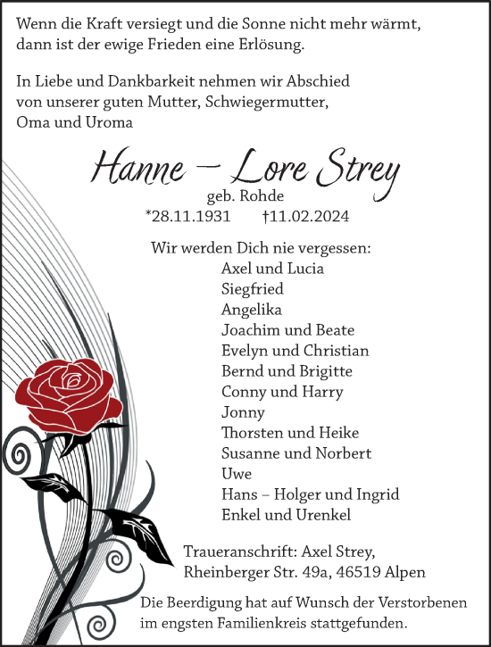 Traueranzeige von Hanne-Lore Strey von NNA
