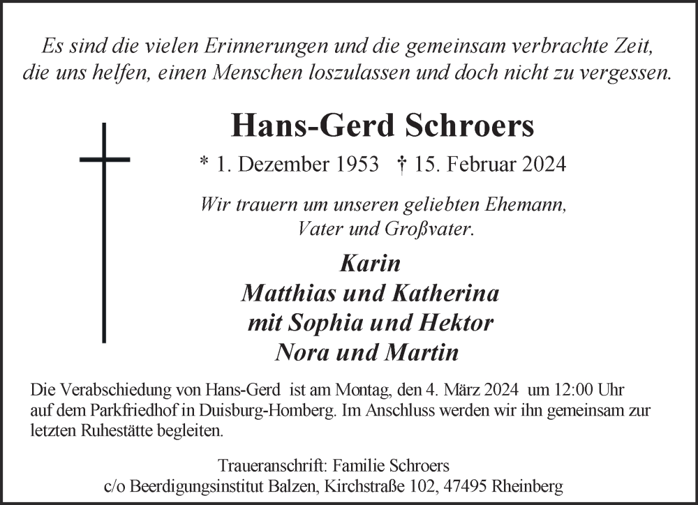  Traueranzeige für Hans-Gerd Schroers vom 21.02.2024 aus NNA