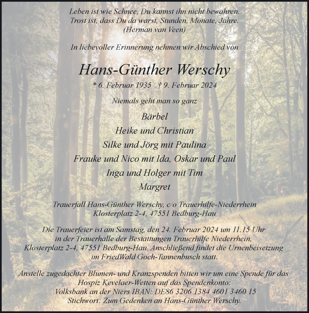  Traueranzeige für Hans-Günther Werschy vom 17.02.2024 aus NNA