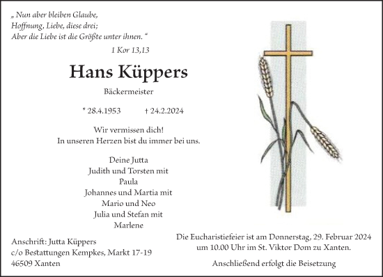 Traueranzeige von Hans Küppers von NNA
