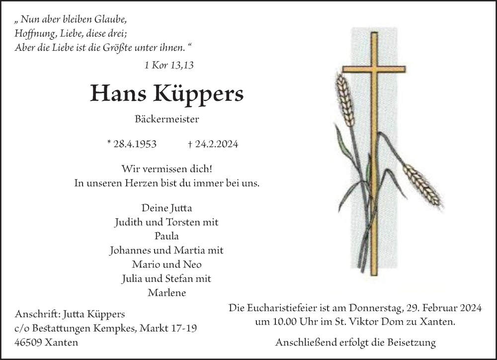  Traueranzeige für Hans Küppers vom 28.02.2024 aus NNA
