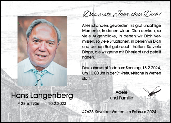 Traueranzeige von Hans Langenberg von NNA