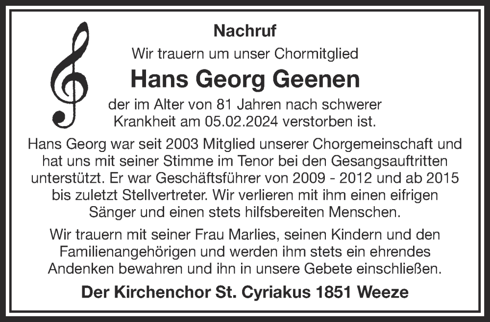  Traueranzeige für Hans Georg Geenen vom 10.02.2024 aus NNA