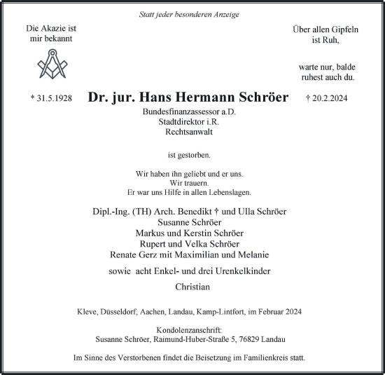 Traueranzeige von Hans Hermann Schröer von NNA